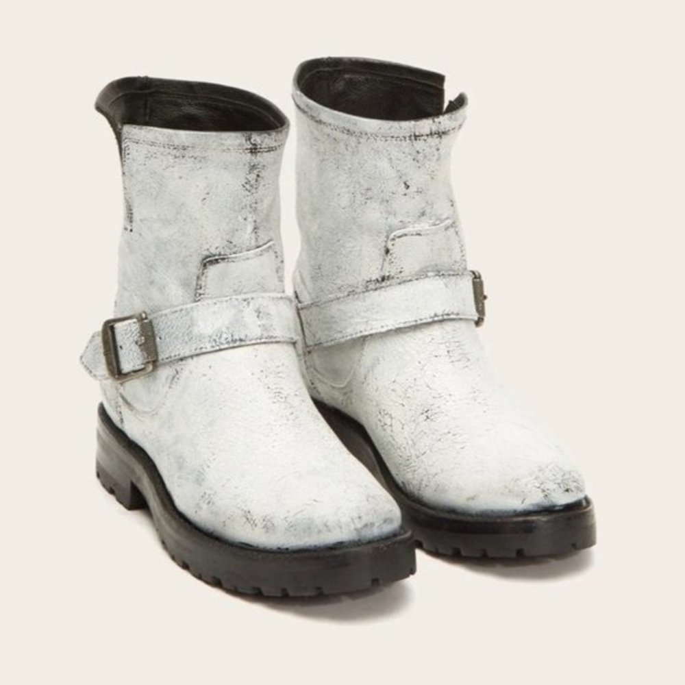 NWOT Frye Natalie Short Lug Bootie White Distressed Womens sz 5.5 Moto Slip On